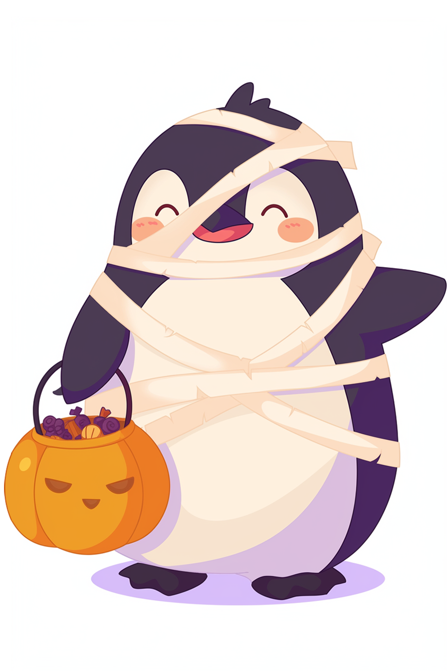 halloween cute animals drawings 2: A joyous penguin wrapped as a mummy, holding a pumpkin candy basket.